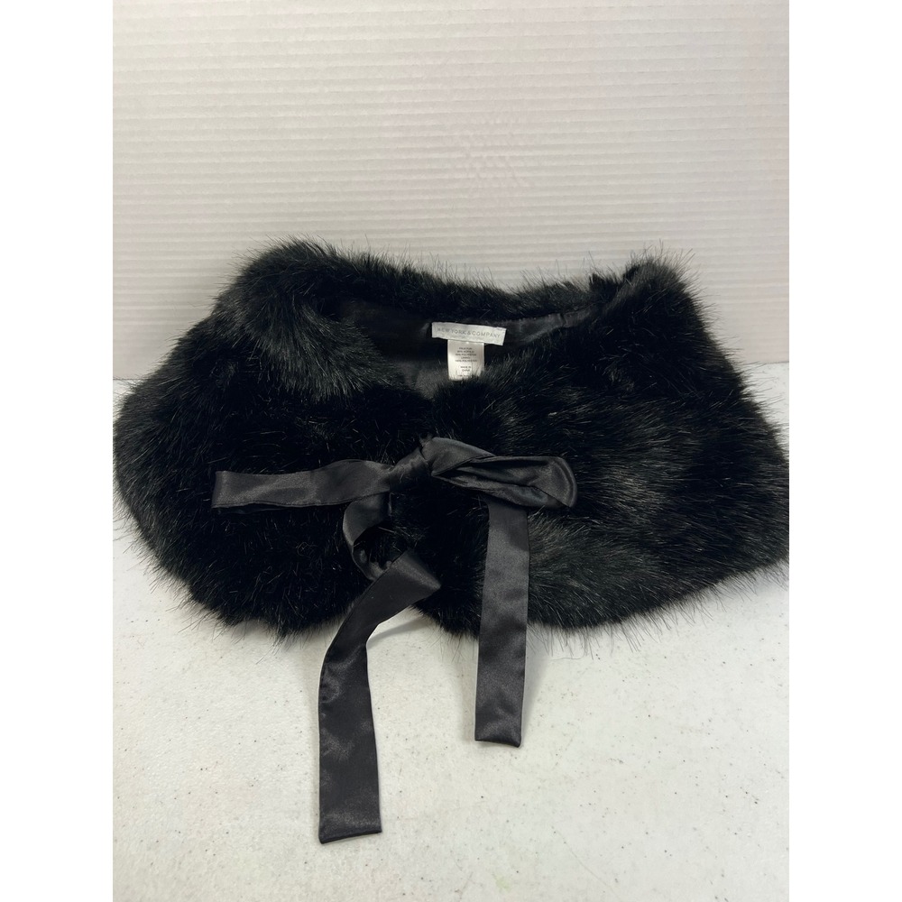 New York & Company Black Faux Fur Stole Wrap Ribbon Tie Evening Shrug One Size